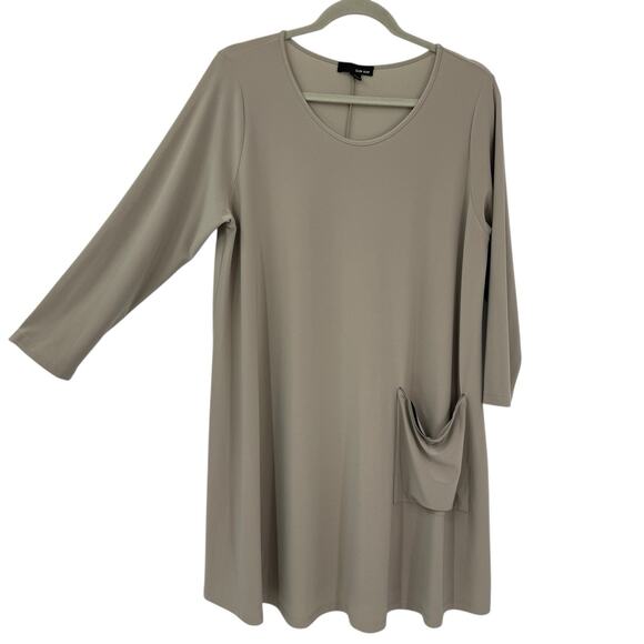 SUN KIM Large Taupe Slinky Knit Tunic 3/4 Sleeve Zipper Pocket Lagenlook Artsy - Picture 1 of 7